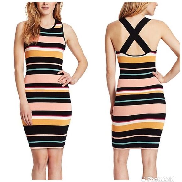 ELLA MOSS Striped Bodycon Tank‎ Dress Ribbed Sleeveless Black Pink Small New - Picture 1 of 14